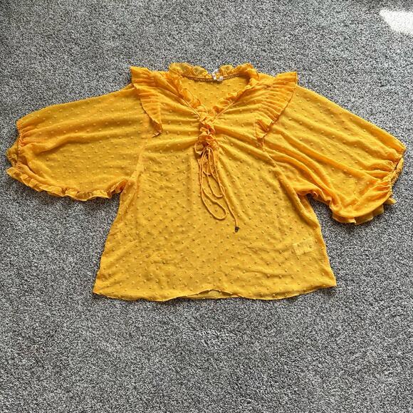 Anthropologie Haida dark yellow Swiss dot peasant ruffle top size L - Picture 7 of 13